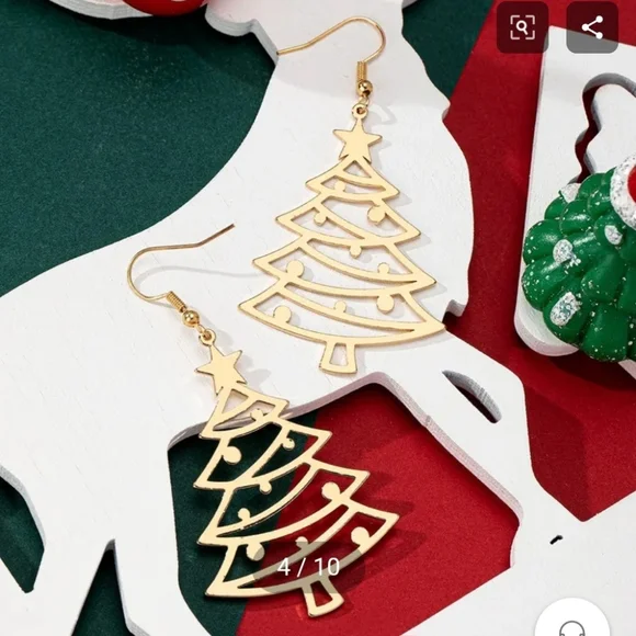 Gold Christmas Tree Earrings Holiday Festive - Picture 8 of 10